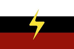 A tricolor flag, with red on the top, black in the middle and white on the bottom, with a lightning bolt in the middle.