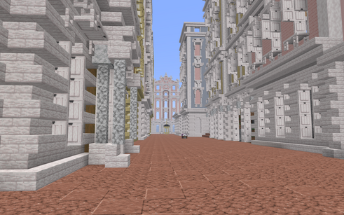 The Obresowitzer Haupstraße, one of the longest streets in the world of Cinder. At the end a terminating vista - the central pavilion of the Archbishop's palace